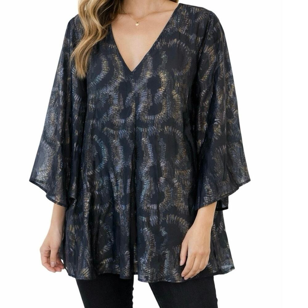 Cupio‎ Sheer V-Neck Flowy Blouse Bell Sleeves Medium